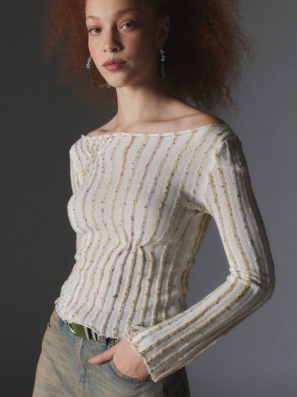 UO Silence + Noise Reagan Textured Boat Neck Sweater Off White